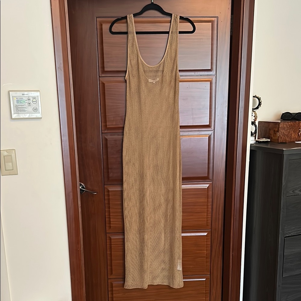 We Wore What Tan Fishnet Maxi Dress